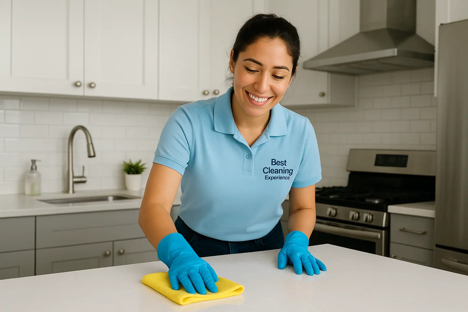 Profesionales realizando limpieza profunda en cocina moderna